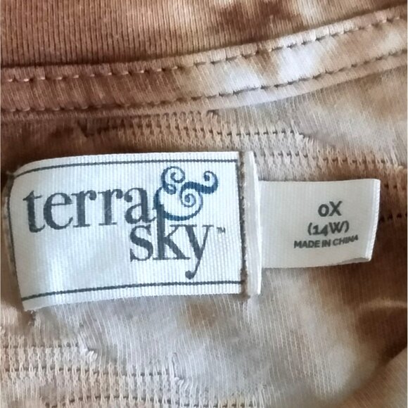 Terra & Sky Tan Brown Tie Dye Textured Balloon Sleeve Top Size 0X (14W) - Picture 6 of 7